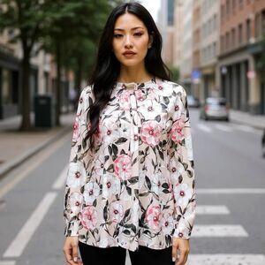 Karl Lagerfeld Blouse Size XL Tunic Floral Bow Tied Pleated Knit  Secretary